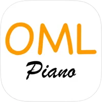 OML in large orange uppercase letters above handwritten black Piano on a white rounded-square app icon with subtle drop shadow, clean modern design conveying a friendly, inviting tone